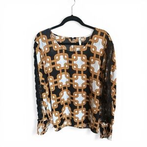 J/M Sportswear Geometric Chain Print Blouse XL Black Tan Lace Sleeve Top